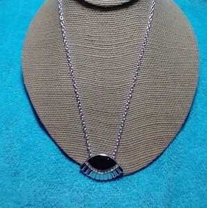 Silvertone fan shape crystal black chain necklace
